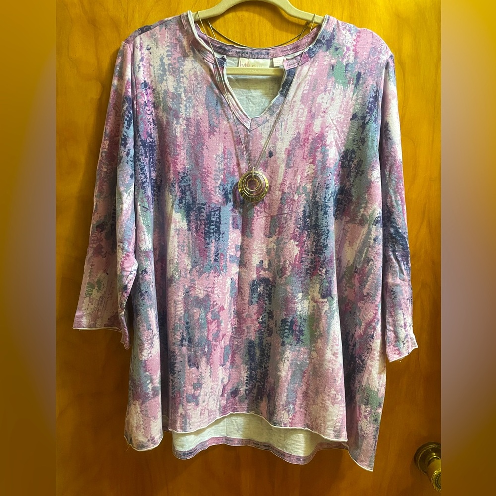 Belle by Kim Gravel Pink and Blue Abstract Top XL